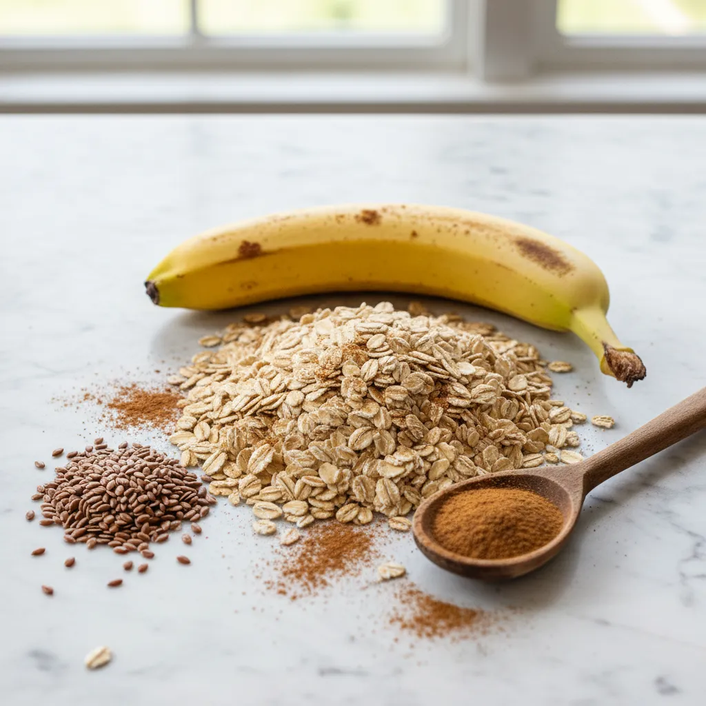 Raw ingredients for oatmeal flax smoothie including banana and cinnamon