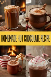 A steaming mug of thick homemade hot chocolate topped with whipped cream and chocolate shavings on a wooden table.