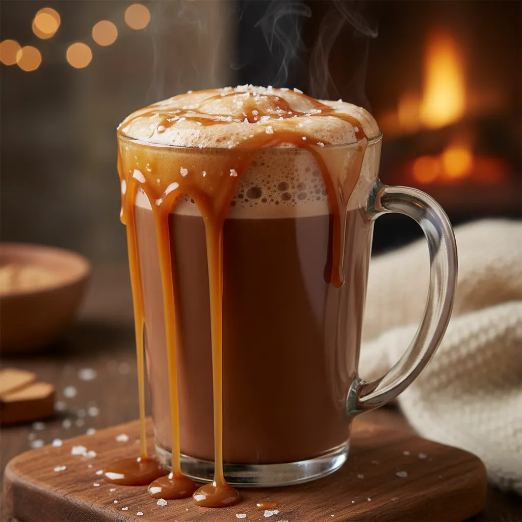 Decadent salted caramel hot chocolate with caramel drizzle and sea salt