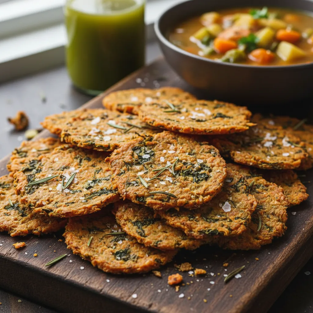 Crispy homemade crackers made from vegetable juice pulp and flaxseeds
