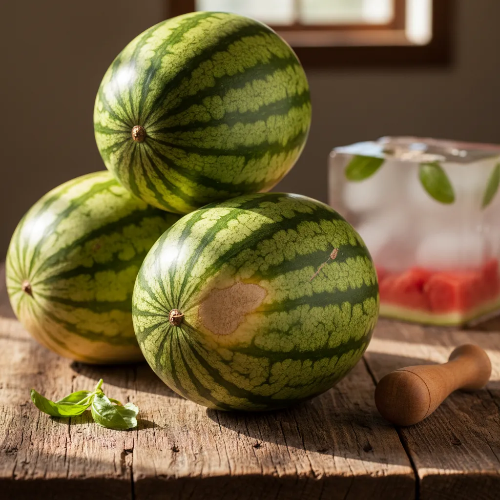 Ripe watermelons with yellow field spots on a wooden table
