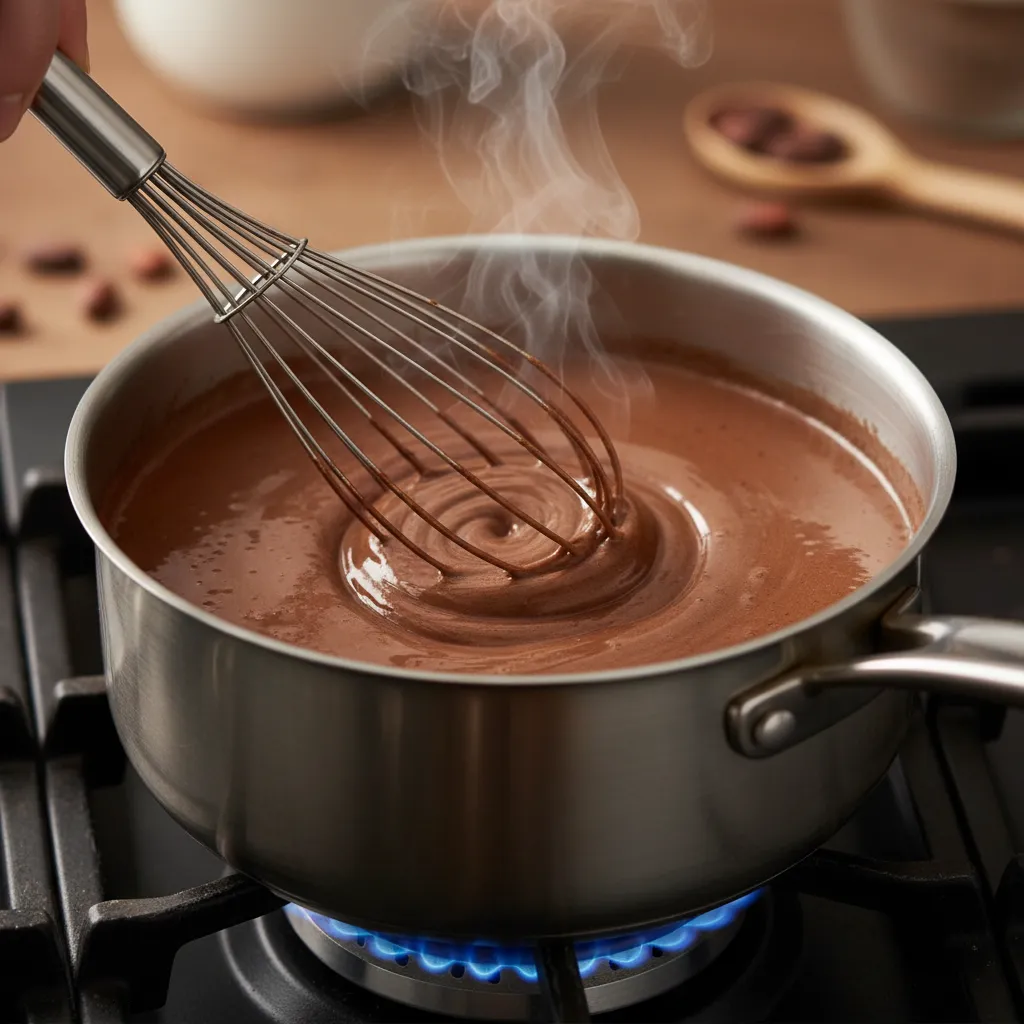 Whisking cocoa powder into warm milk in a saucepan