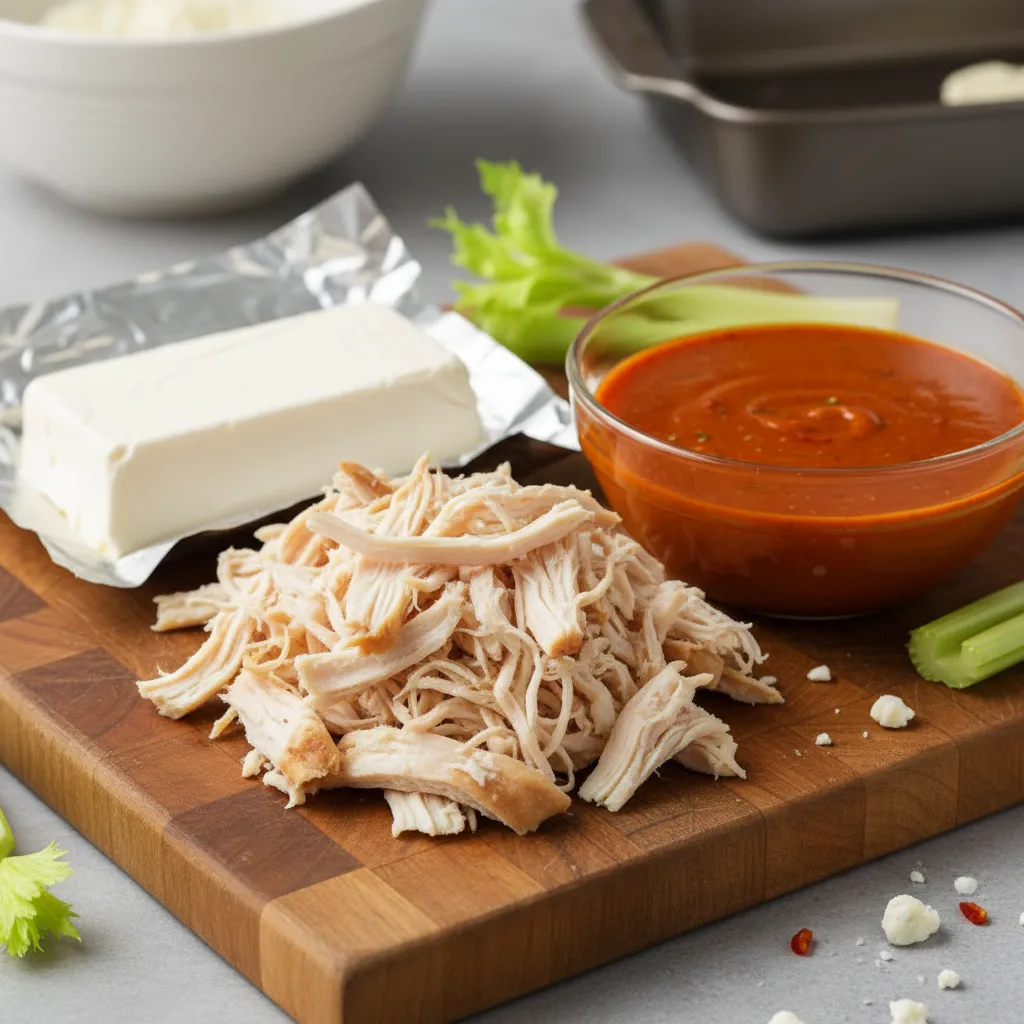 Shredded chicken, cream cheese, and buffalo sauce arranged on a wooden board