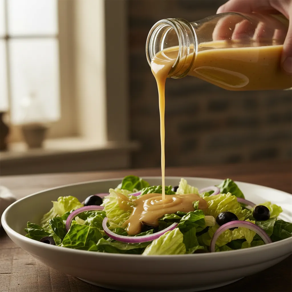 Pouring smooth homemade Olive Garden salad dressing that stays liquid in the fridge