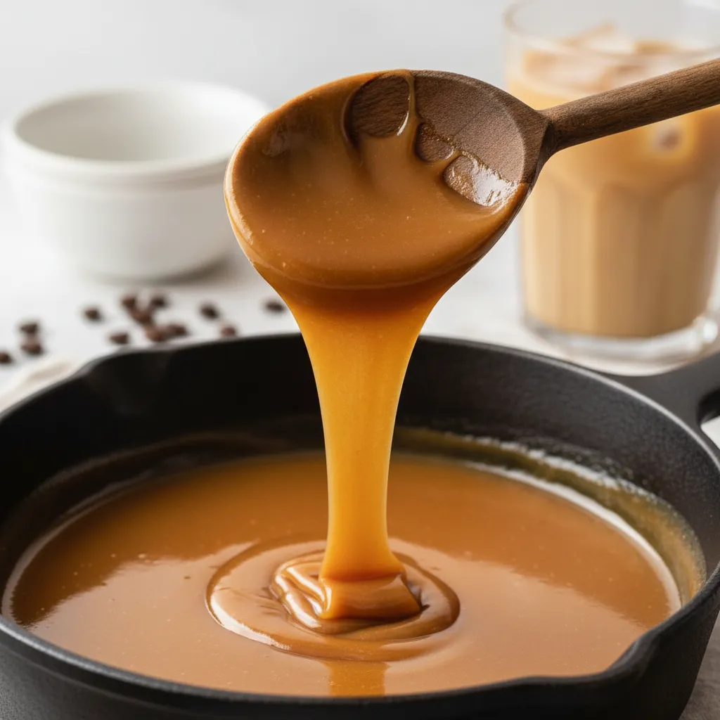 Wooden spoon displaying perfectly smooth and silky caramel sauce texture
