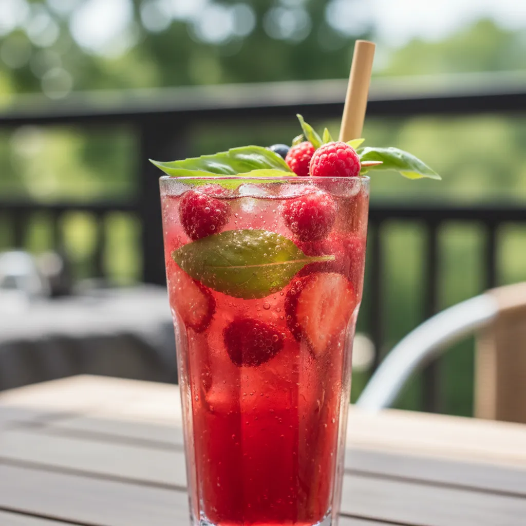 Chilled berry and basil mocktail with coconut water in a tall glass