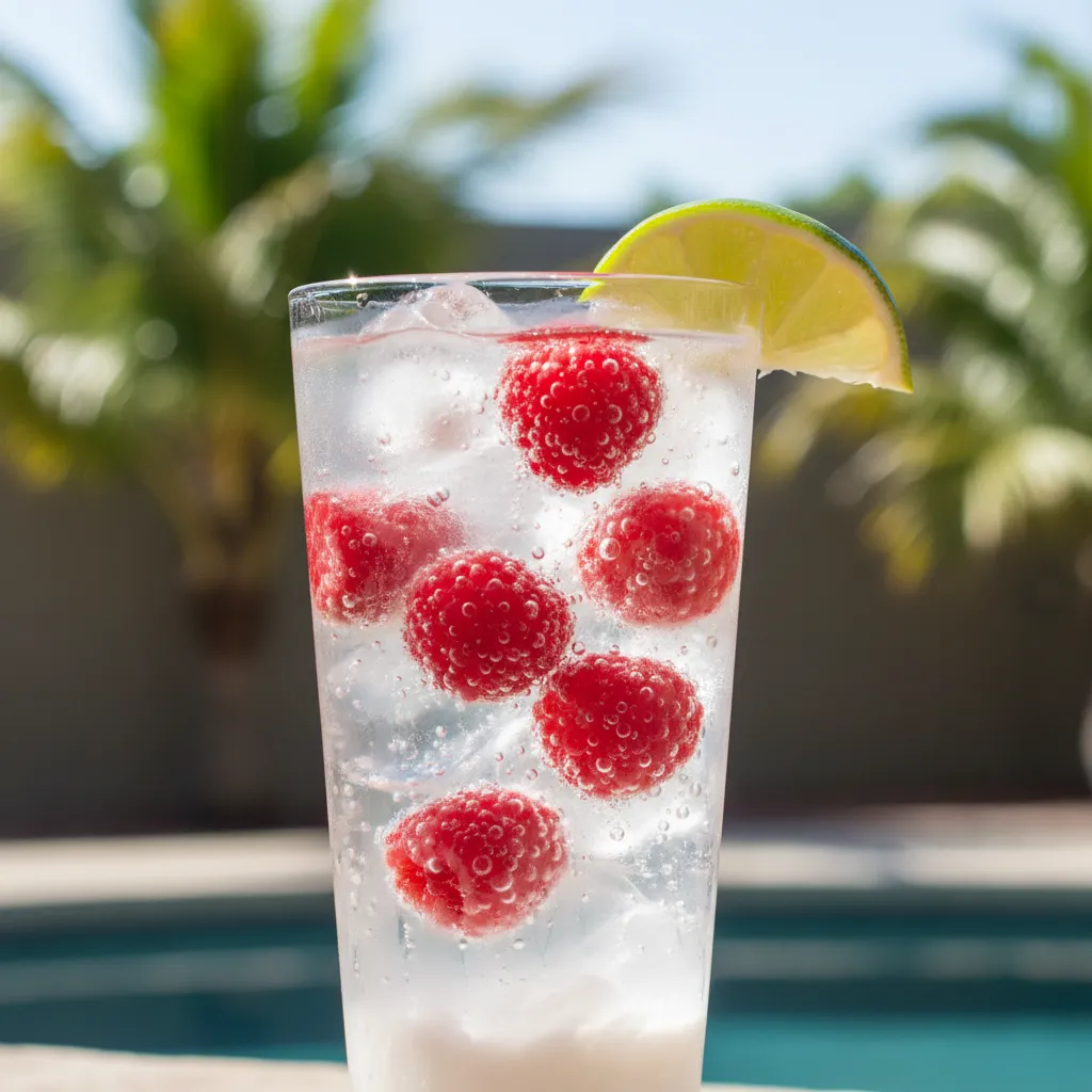 Low calorie sparkling berry coconut spritz drink in a tall glass