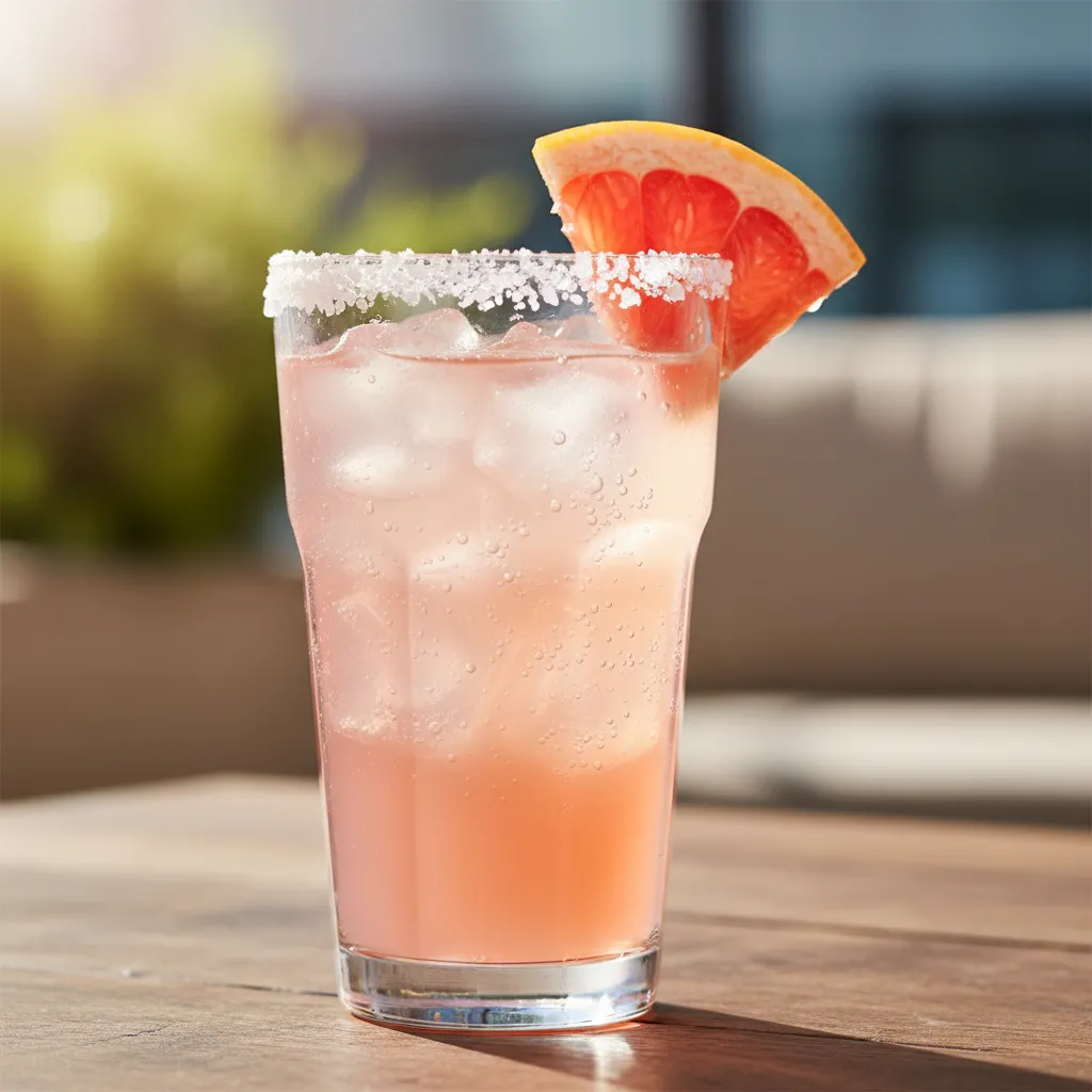 Sparkling non-alcoholic Paloma mocktail with fresh grapefruit garnish and salt rim