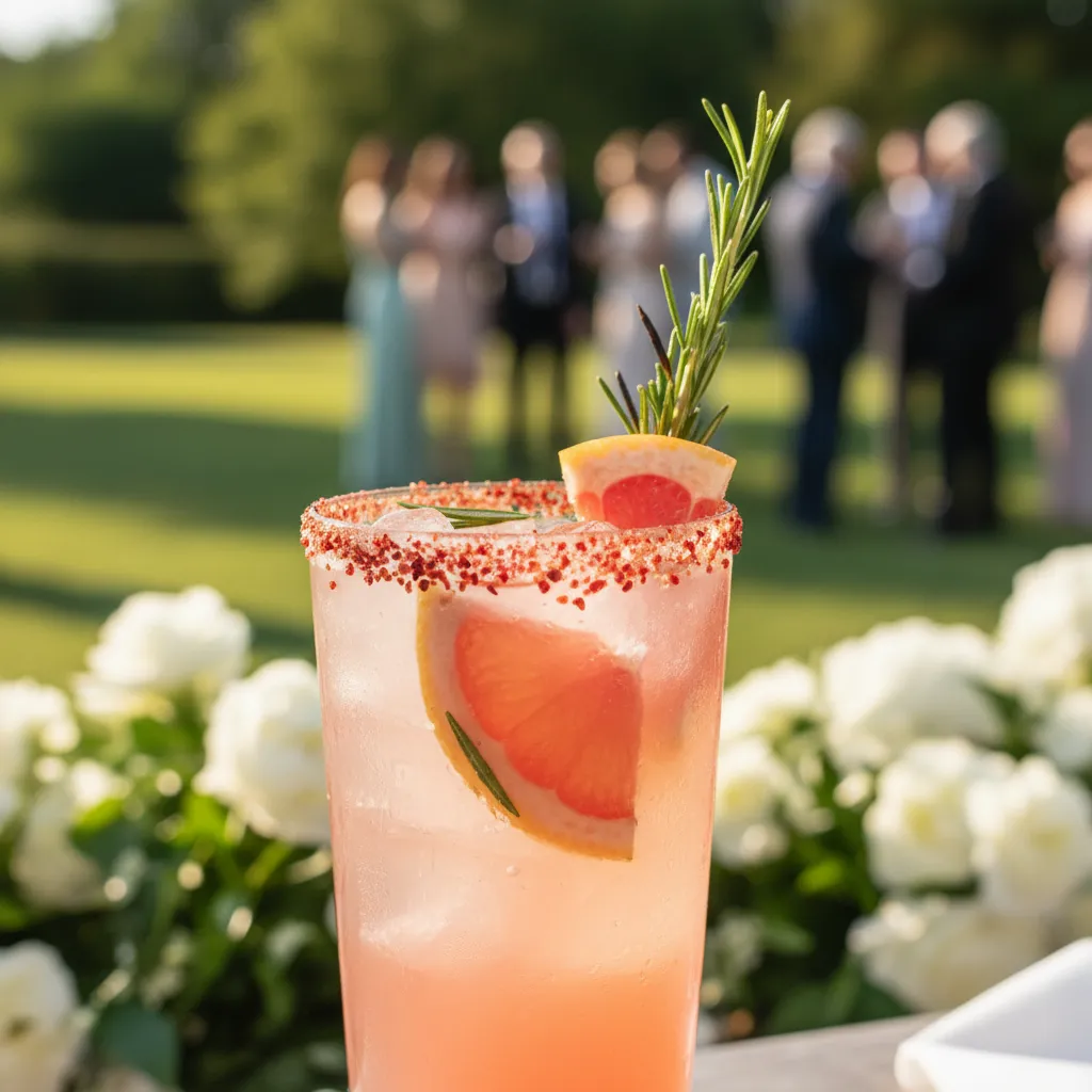 Close up of spicy grapefruit rosemary paloma mocktail with chili rim