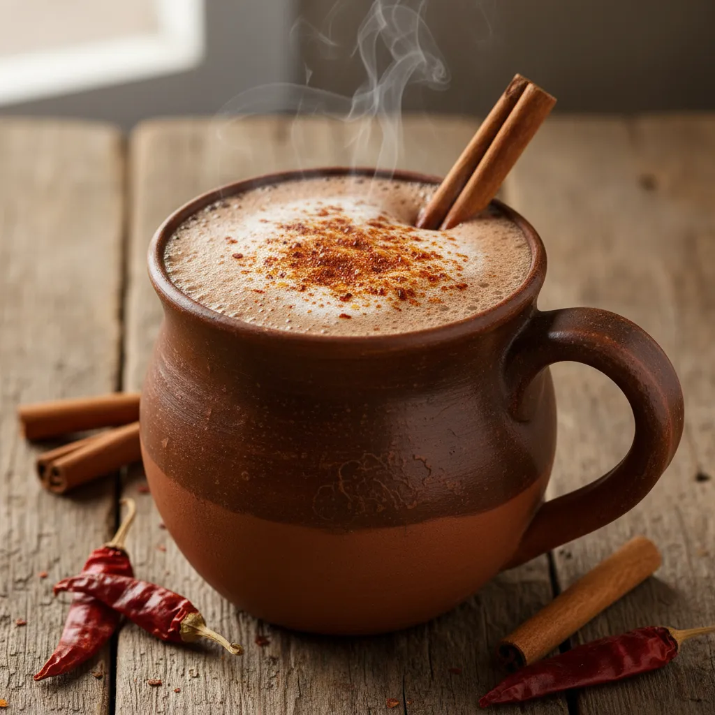 Mexican spiced hot chocolate garnished with cinnamon stick and cayenne pepper