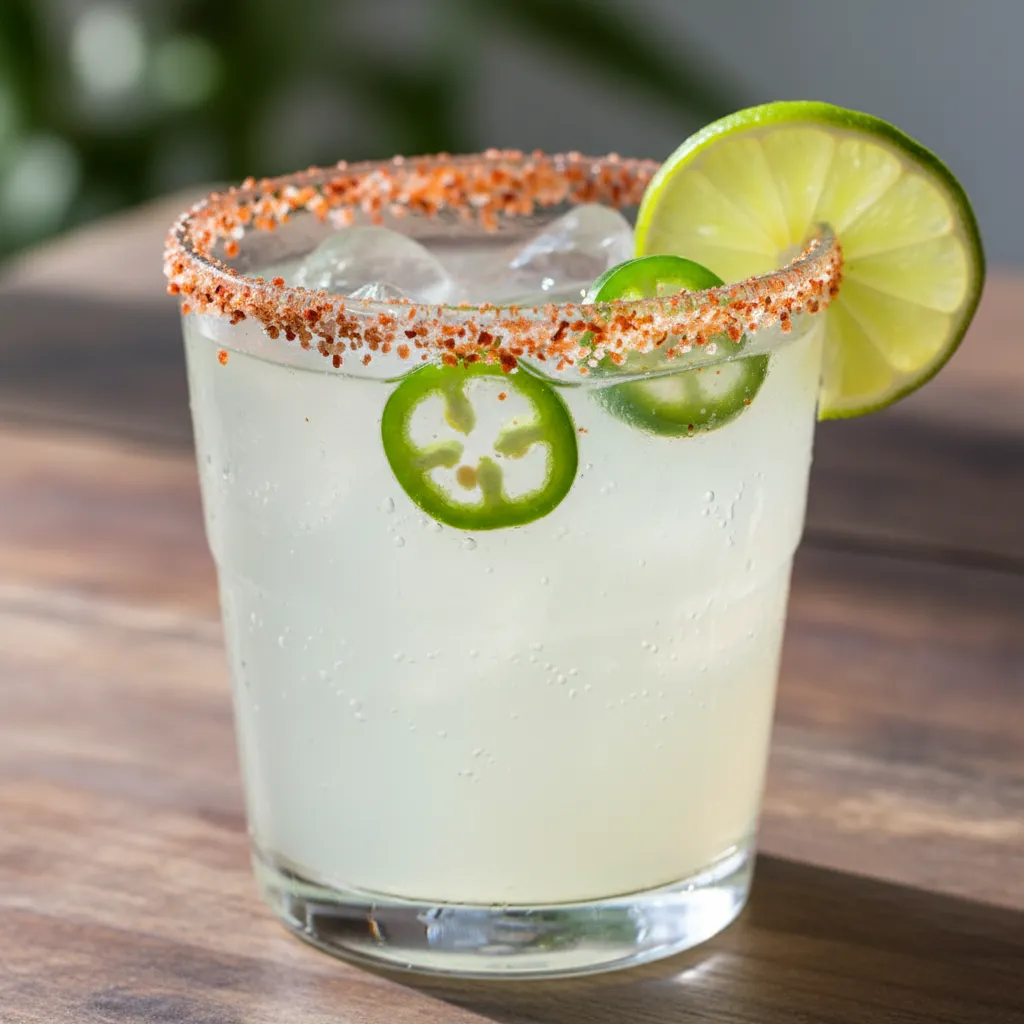 Virgin margarita mocktail with spicy jalapeno salt rim and lime garnish