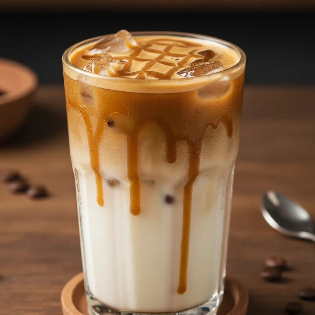 Layered iced caramel macchiato with espresso on top of vanilla milk and caramel drizzle