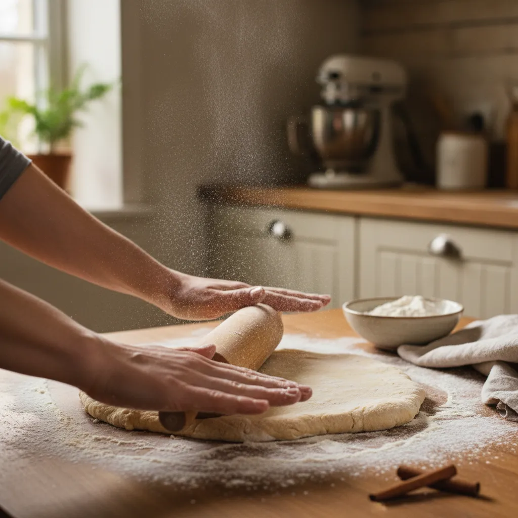 Close up of hands rolling out dough for homemade cinnamon rolls on a floured surface.