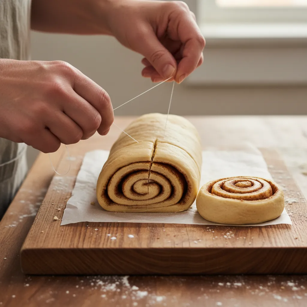 Hands using floss to slice cinnamon rolls