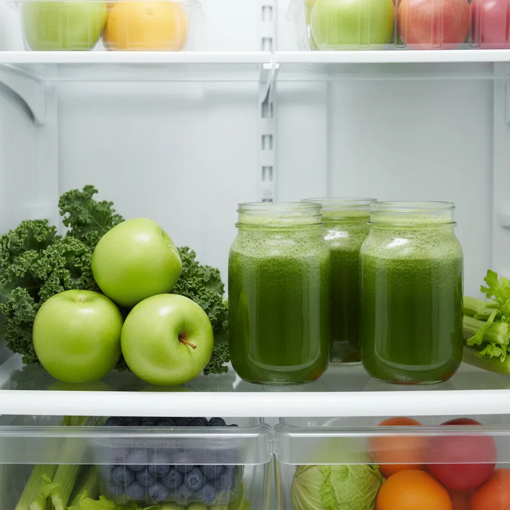 Glass jars of green juice stored in a refrigerator for freshness
