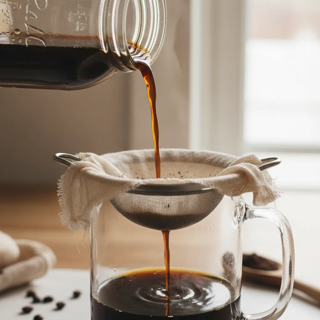 Straining homemade cold brew coffee through cheesecloth to remove grounds