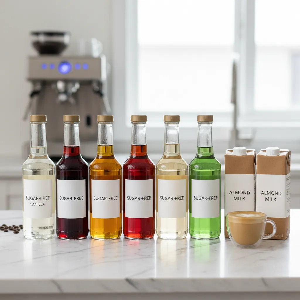Assortment of sugar-free coffee syrups and dairy-free milk cartons on a counter