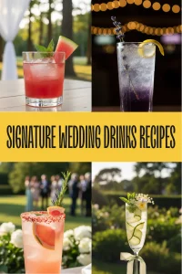 Elegant glasses of peach thyme shrub and cucumber elderflower mocktails at a summer wedding.