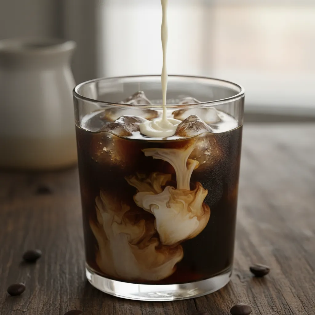 Cream mixing into dark cold brew coffee concentrate over ice