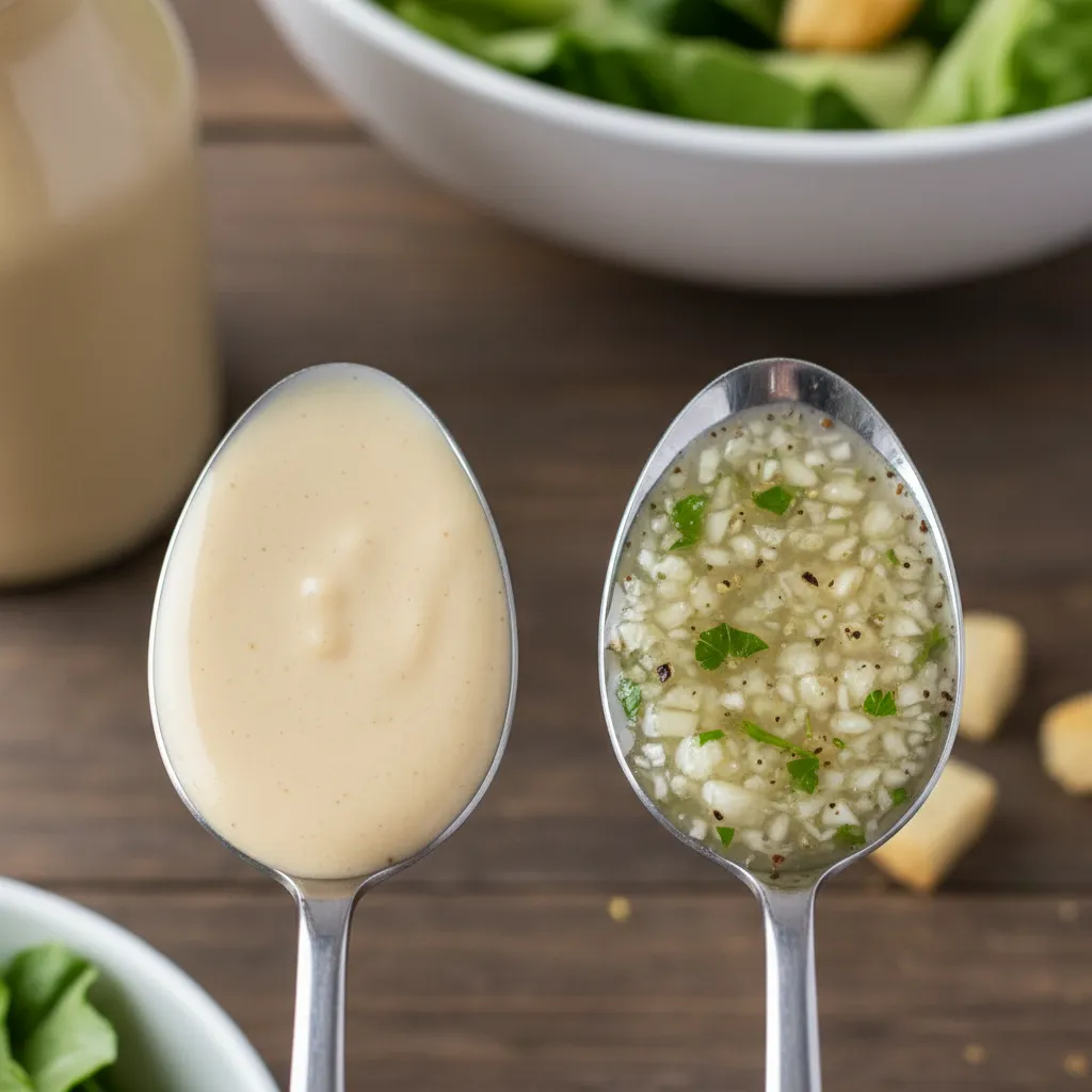 Close up comparing the texture of creamy bottled dressing versus fresh homemade vinaigrette with herbs