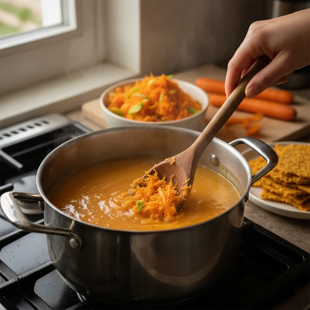 Vegetable soup being thickened with leftover juice pulp for added nutrition