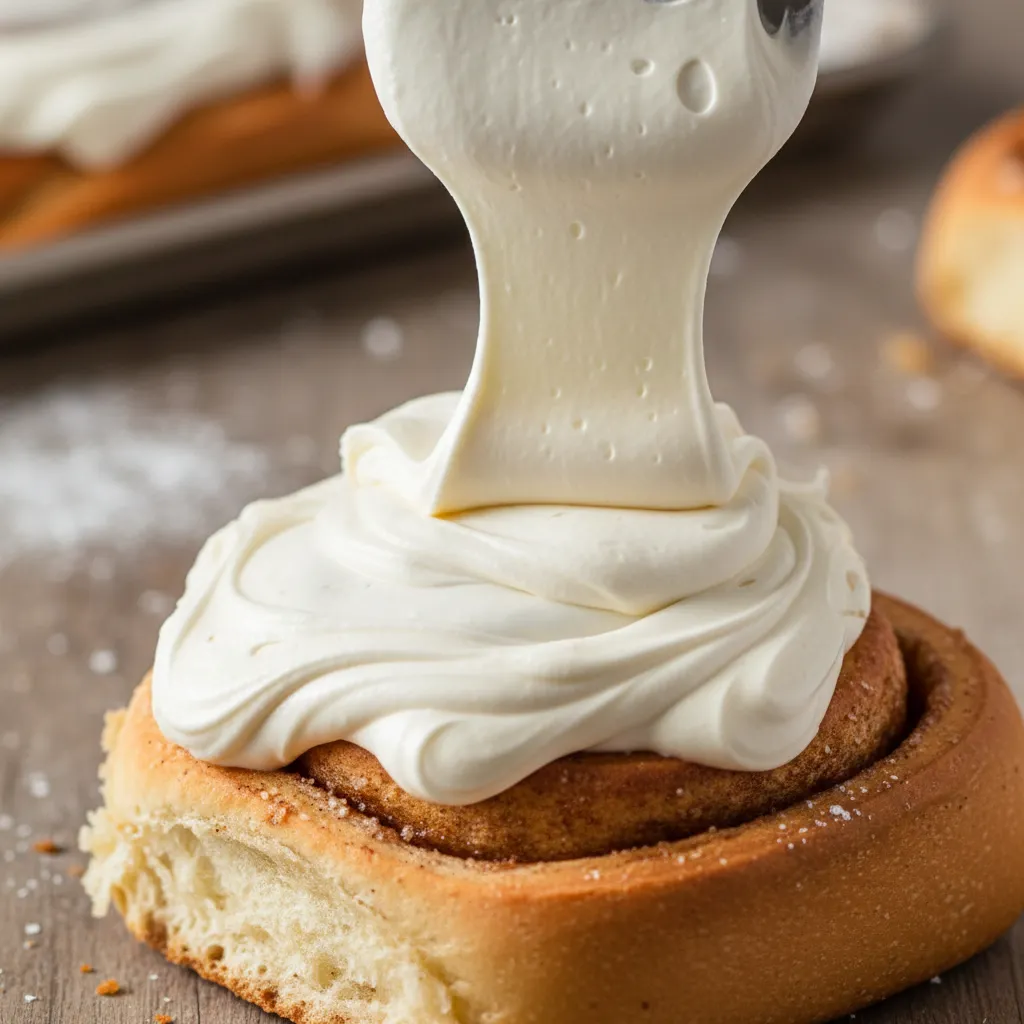 Close up of velvety cream cheese frosting being spread on a cinnamon roll