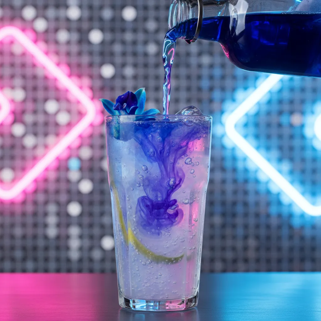 Butterfly pea flower tea changing from blue to purple in a glass