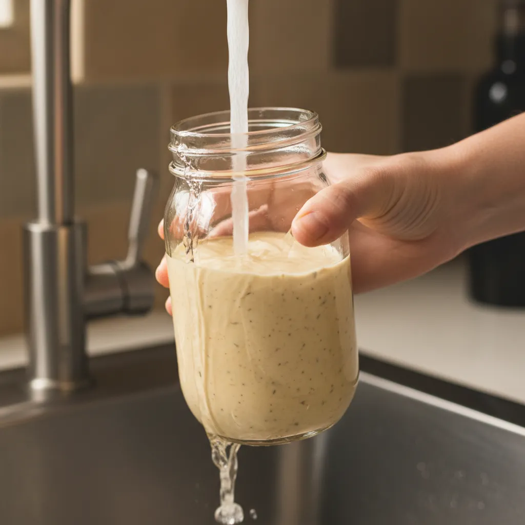 Running warm water over a jar of solidified olive oil dressing