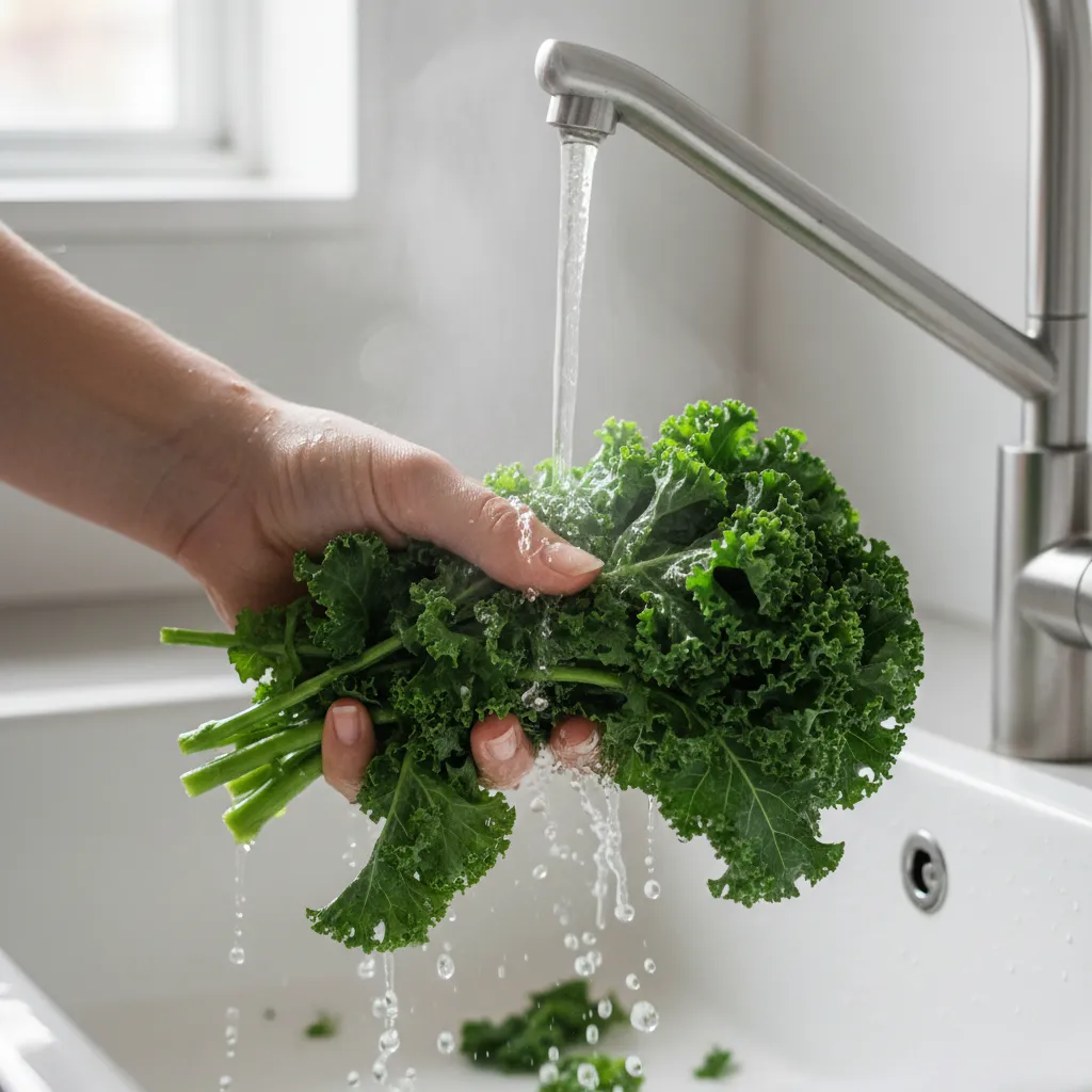 Fresh kale being washed in a sink to prepare for an antioxidant juice