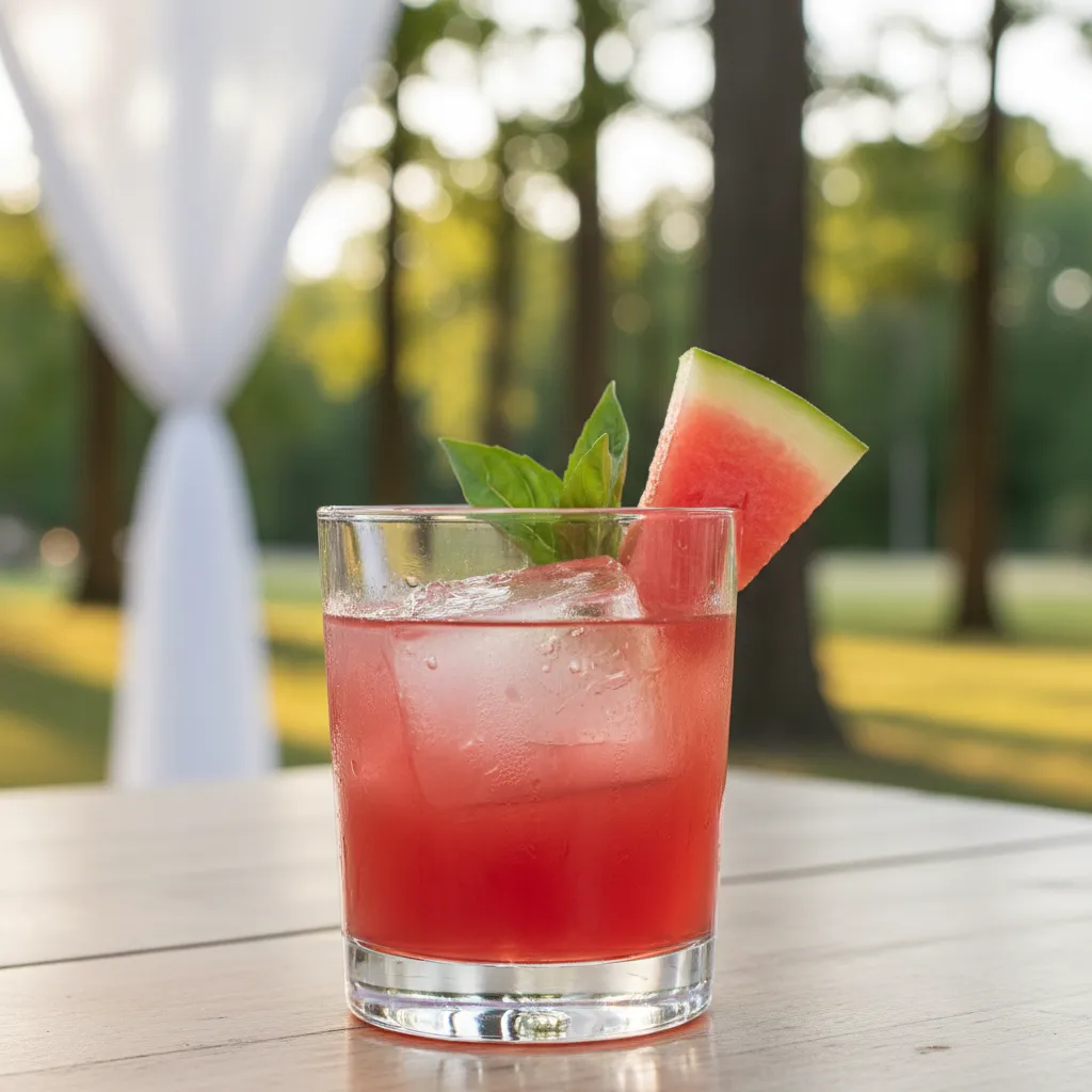 Ruby red watermelon basil smash non alcoholic wedding cocktail in crystal glass