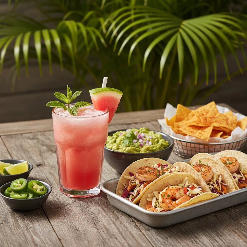Spicy tacos and guacamole served next to a watermelon agave smash