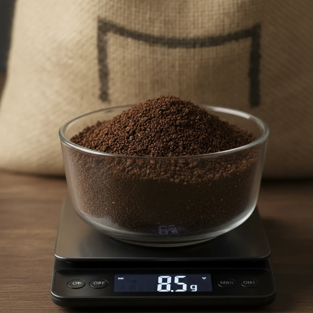 Digital kitchen scale weighing coarse coffee grounds for cold brew precision