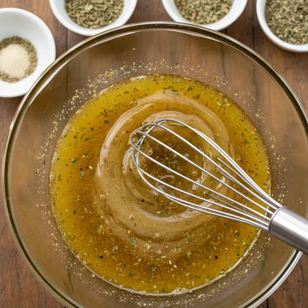 Whisk blending olive oil vinegar and dried herbs in a glass bowl