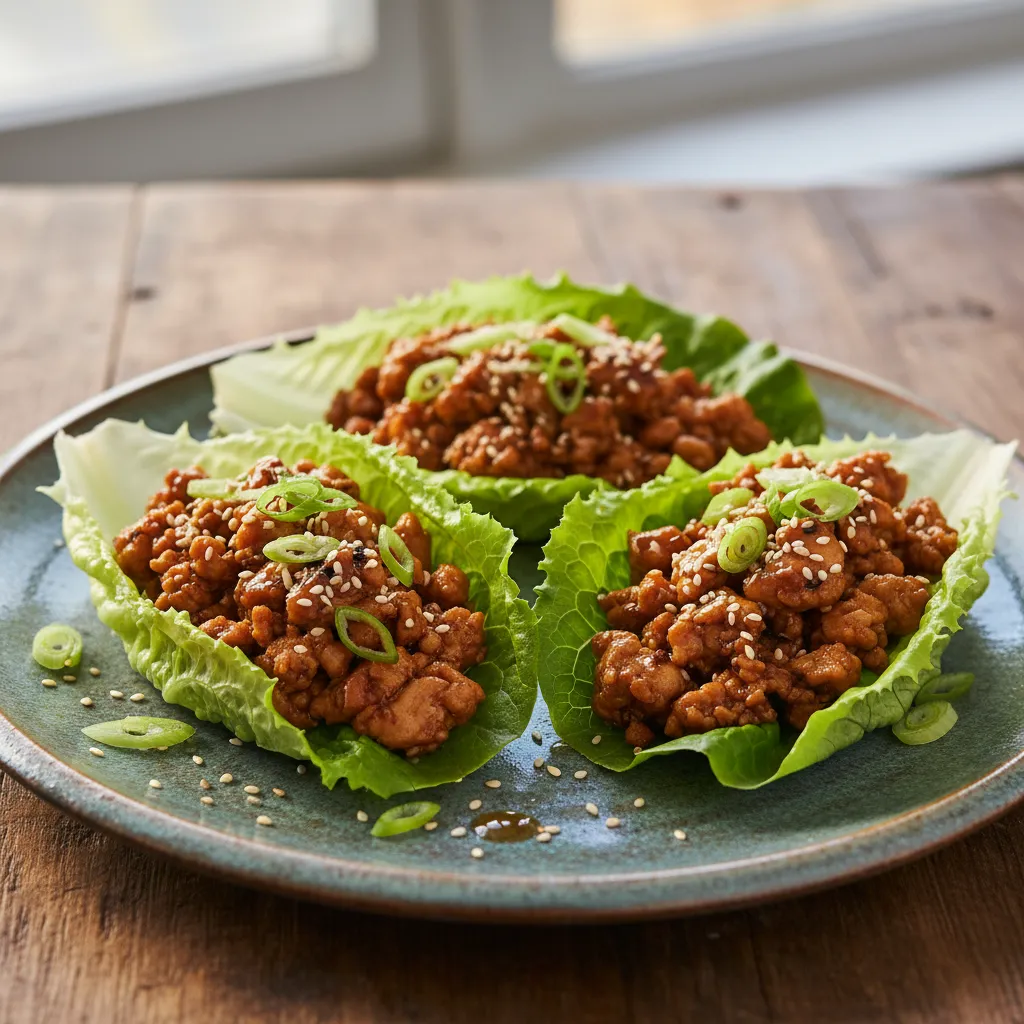 Crispy butter lettuce cups filled with savory ground chicken and garnished with green onions.