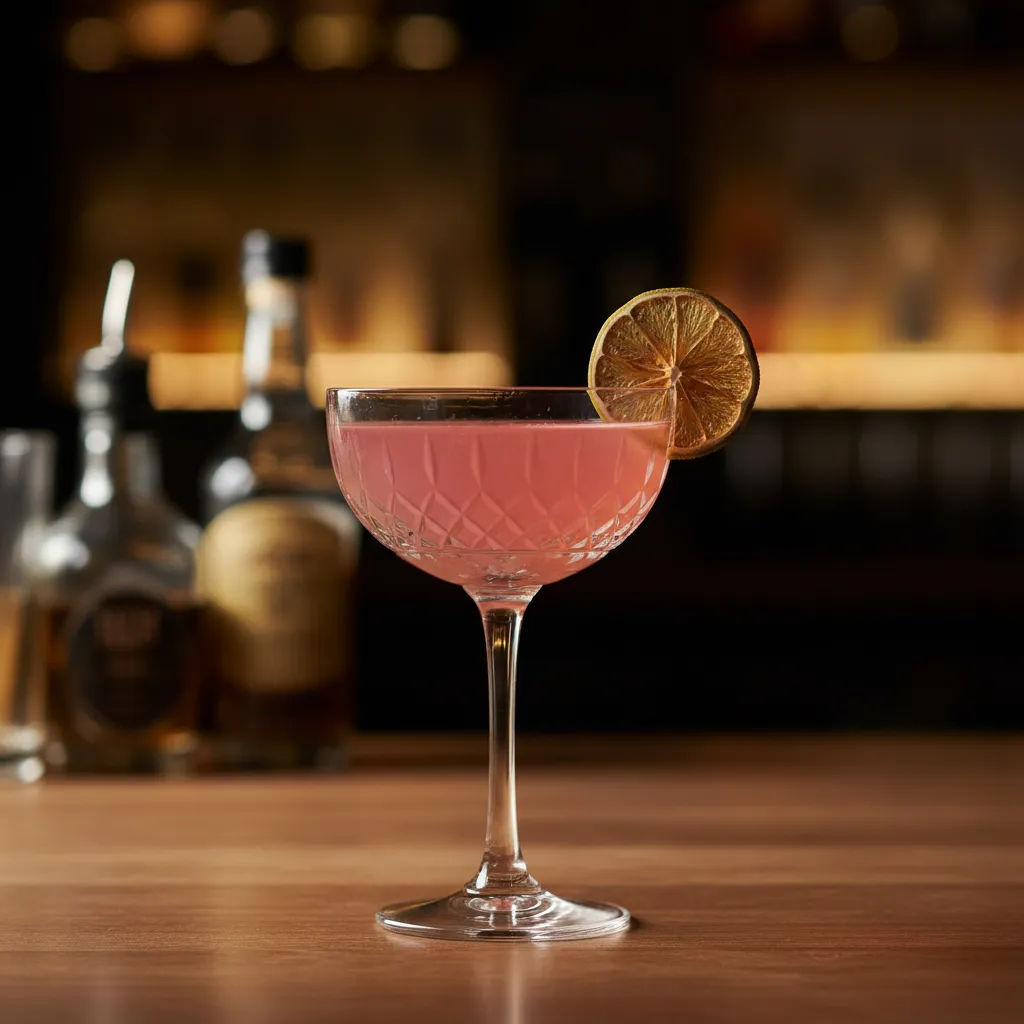 Close up of non alcoholic cosmopolitan with dried lime garnish in a coupe glass
