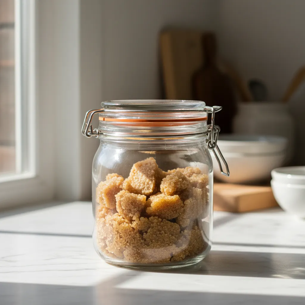 Golden brown sugar safely stored in a sealed glass jar on a kitchen counter