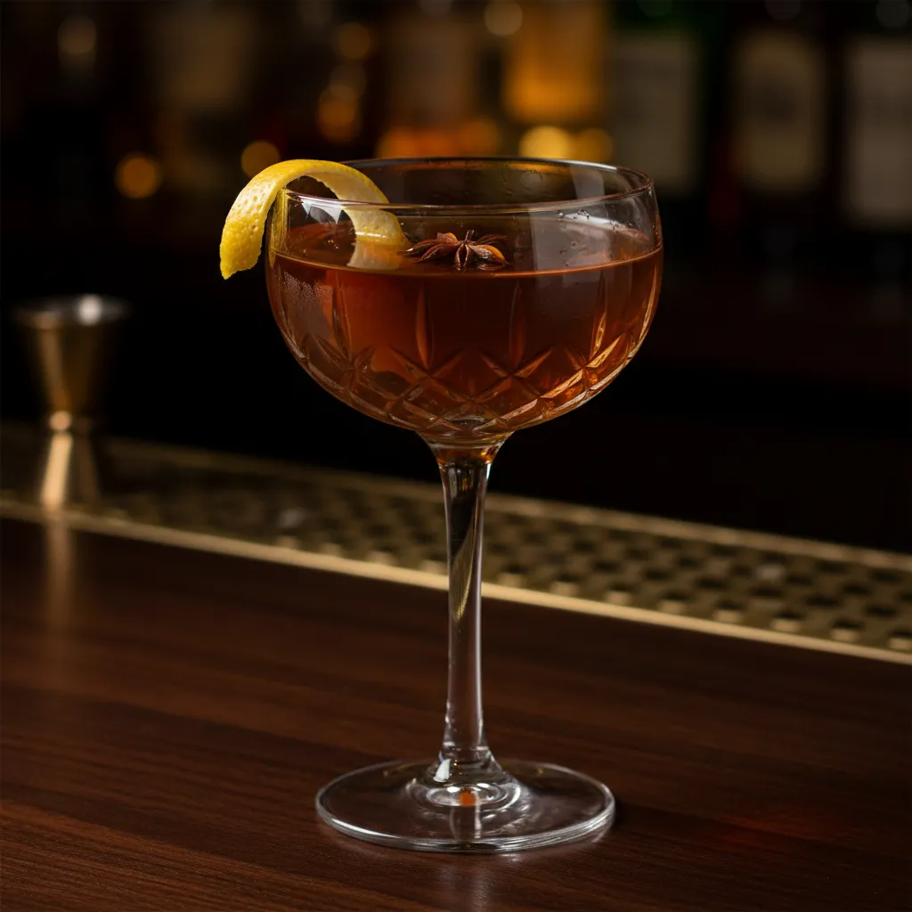 Amber colored non-alcoholic tea cocktail in a coupe glass with lemon garnish