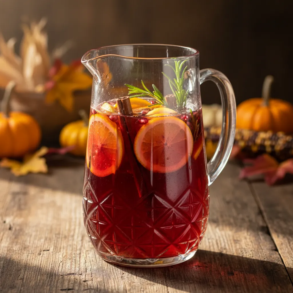 Crystal pitcher filled with apple cider and pomegranate mocktail garnished with fresh fruit