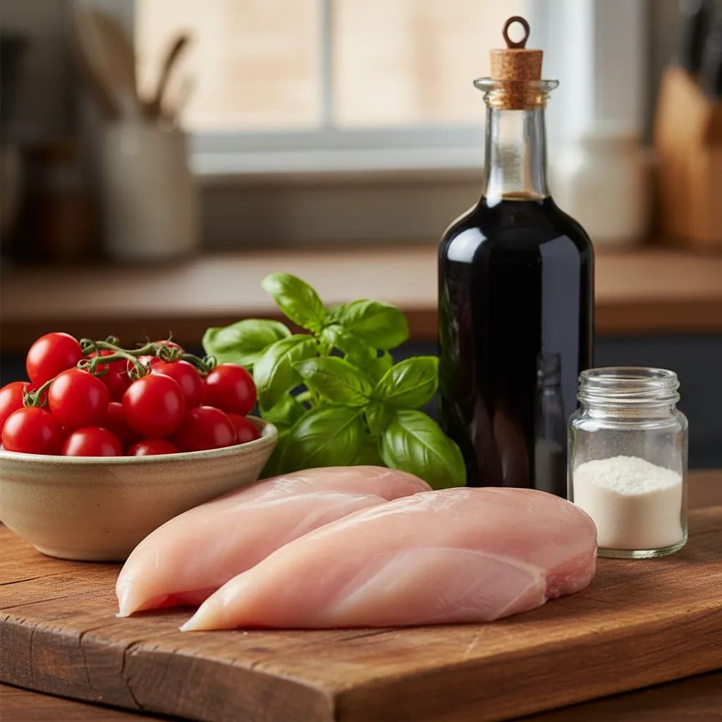 Raw chicken, tomatoes, basil, and balsamic vinegar laid out on a cutting board