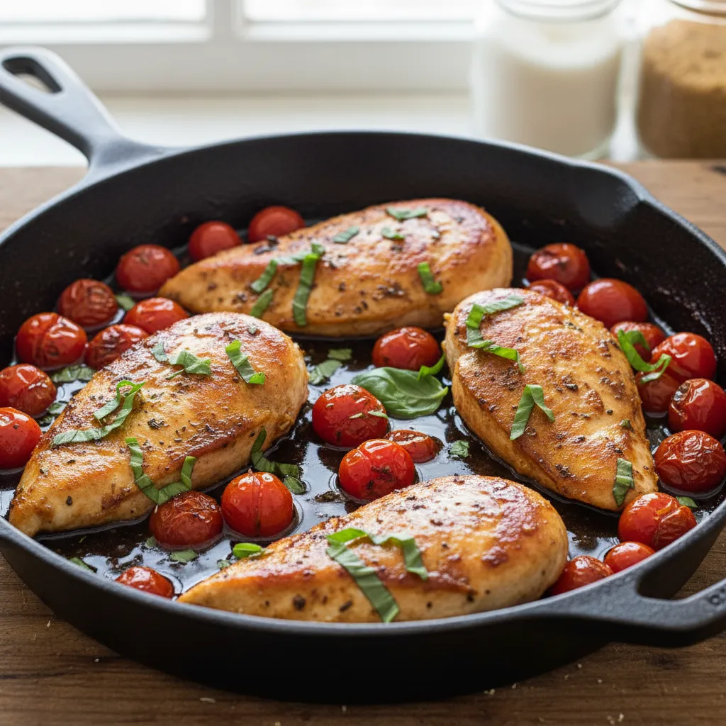 Golden-brown chicken breasts simmering in balsamic tomato sauce in a skillet