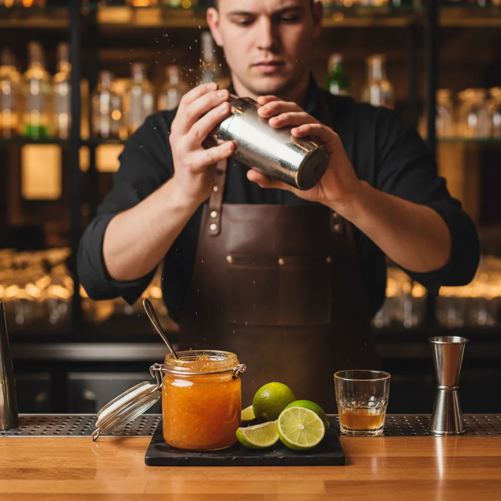 Bartender vigorously shaking a non-alcoholic cocktail with marmalade ingredients