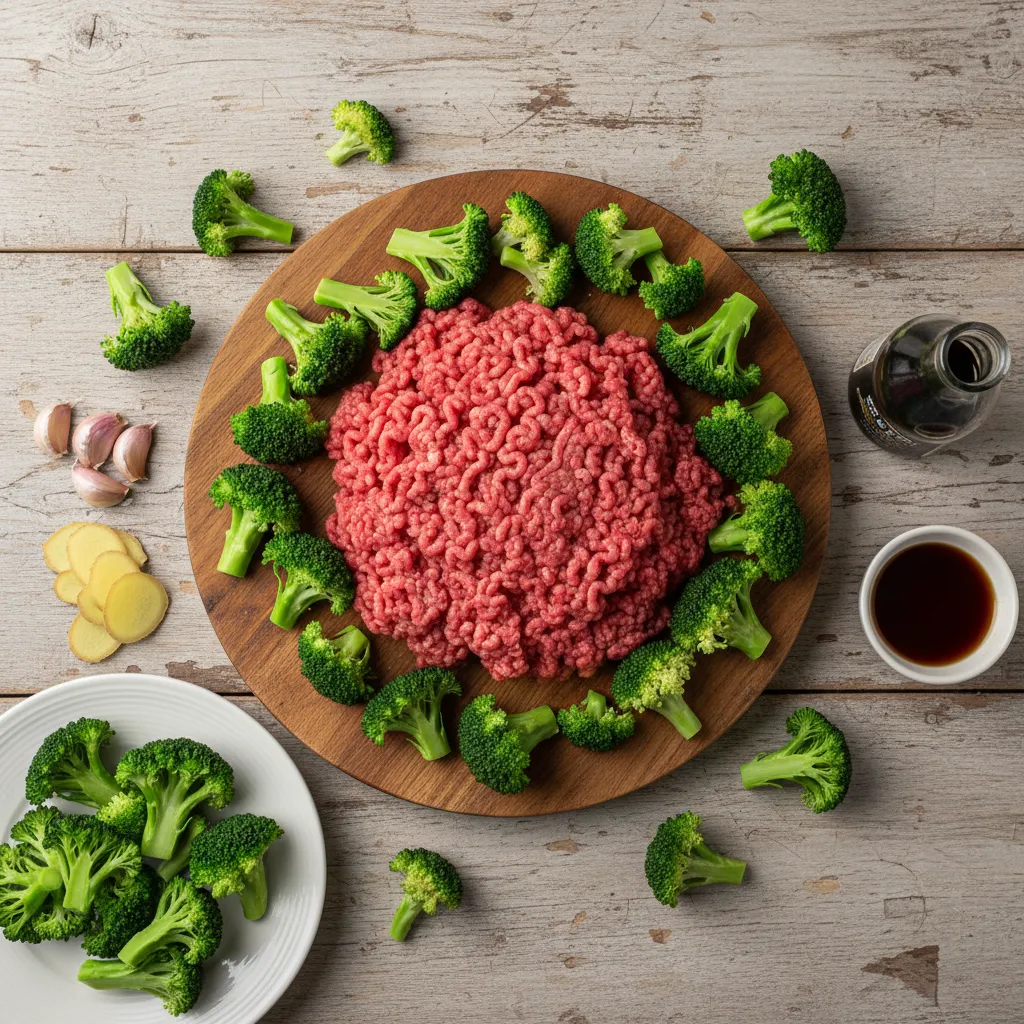 Fresh broccoli and raw ground beef ingredients laid out for cooking