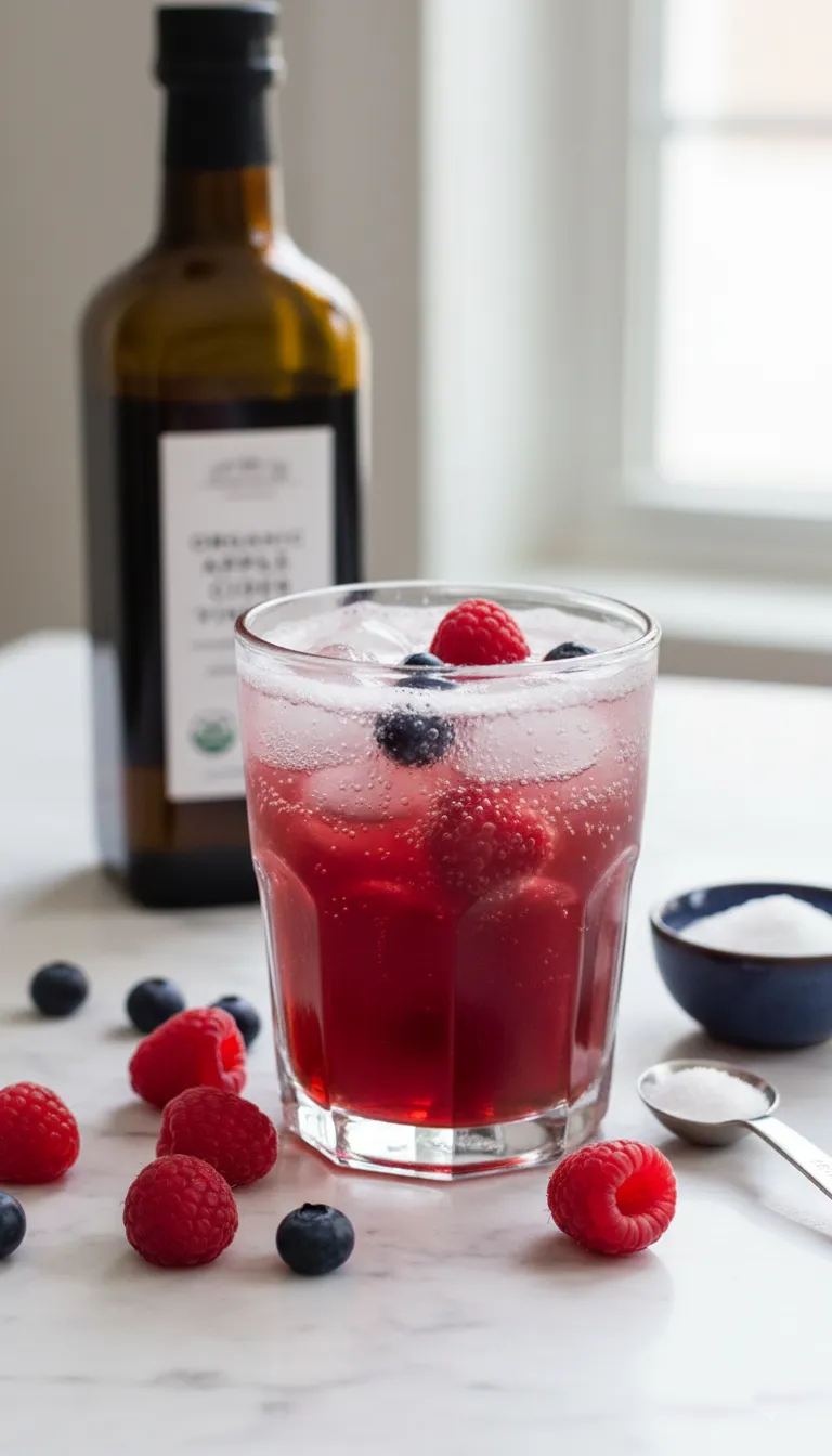 Fresh raspberries and apple cider vinegar used to make a berry mocktail
