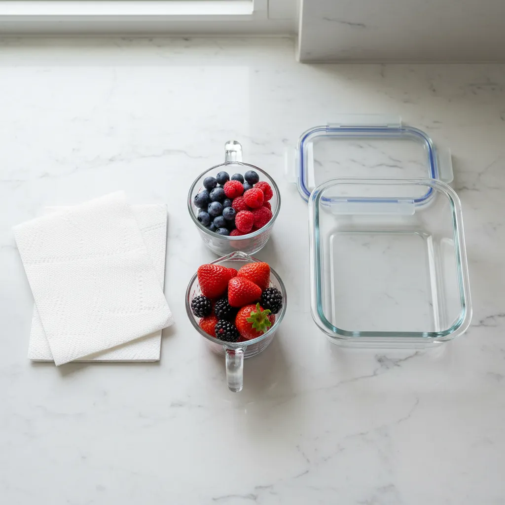 Ingredients needed for the paper towel trick including berries and paper towels