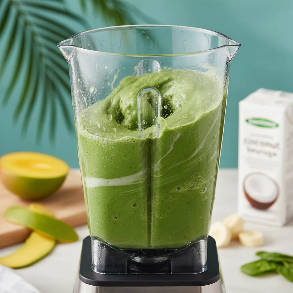 Blender mixing a vibrant green mango and coconut milk smoothie
