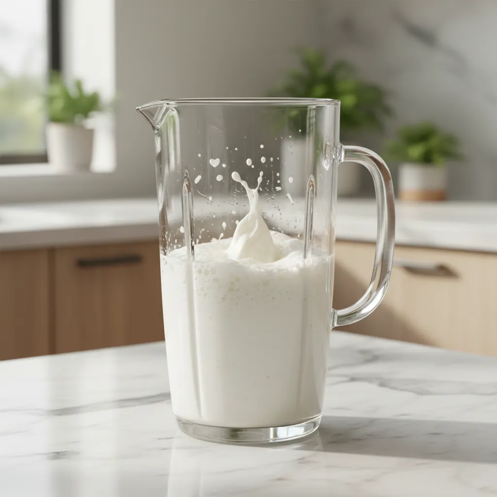 A glass blender mixing a frothy white coconut milk beverage
