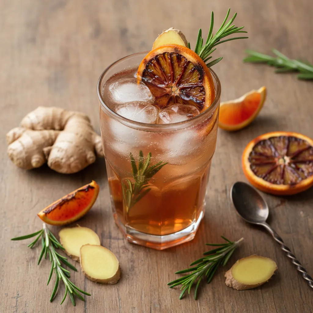 Top view of festive nonalcoholic blood orange tonic