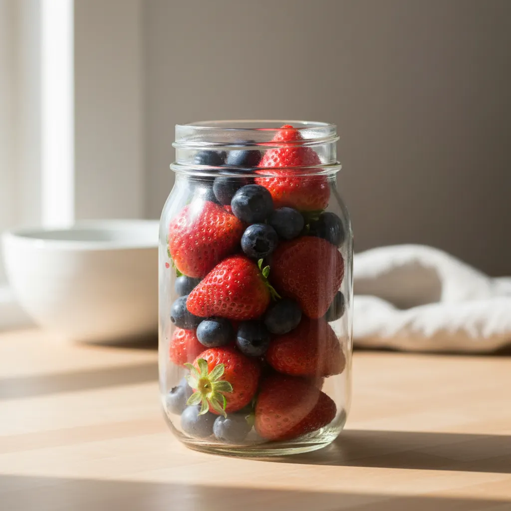 Fresh strawberries and blueberries stored in a breathable glass mason jar