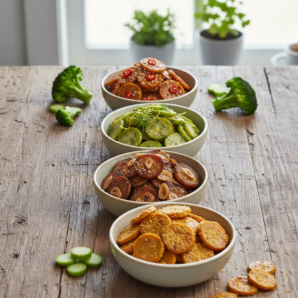 Four tasting bowls with different flavors of seasoned broccoli stems