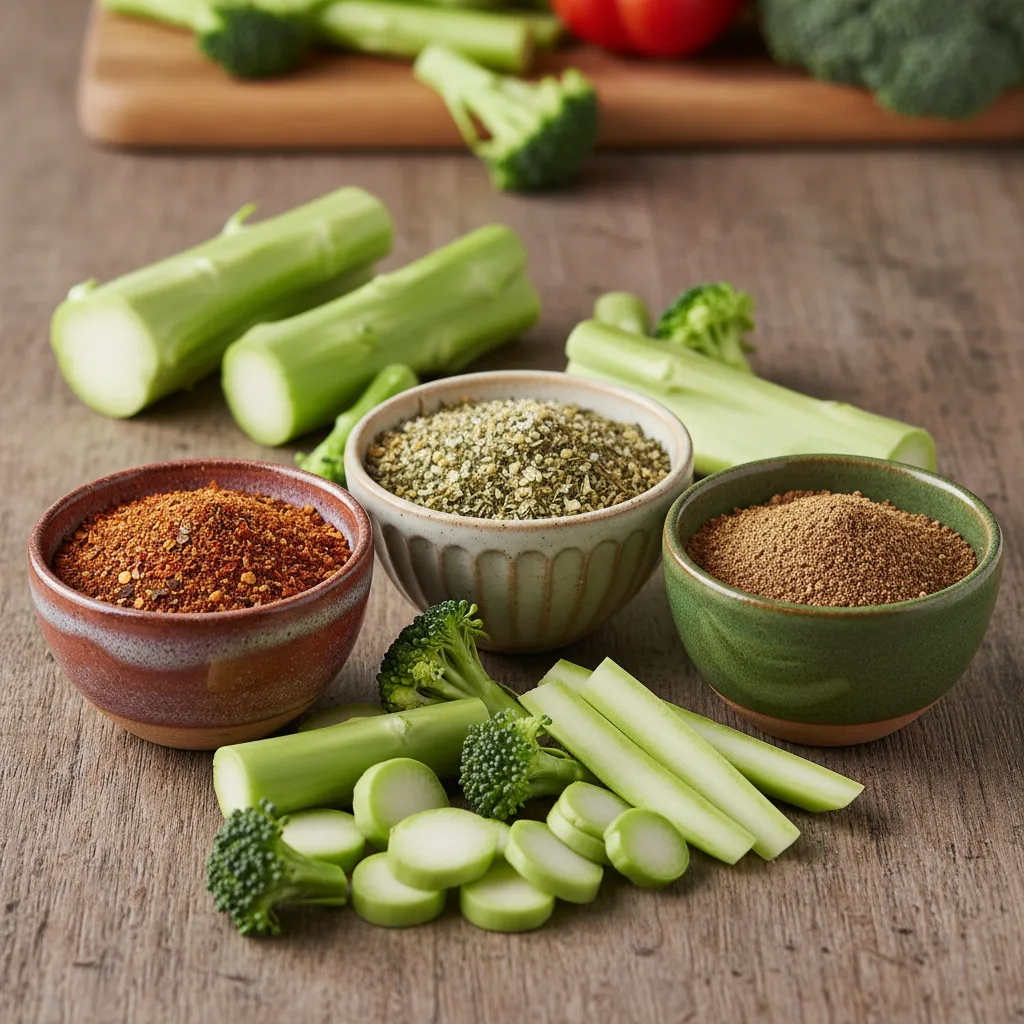 Various colorful spice blends in ceramic bowls for seasoning vegetables